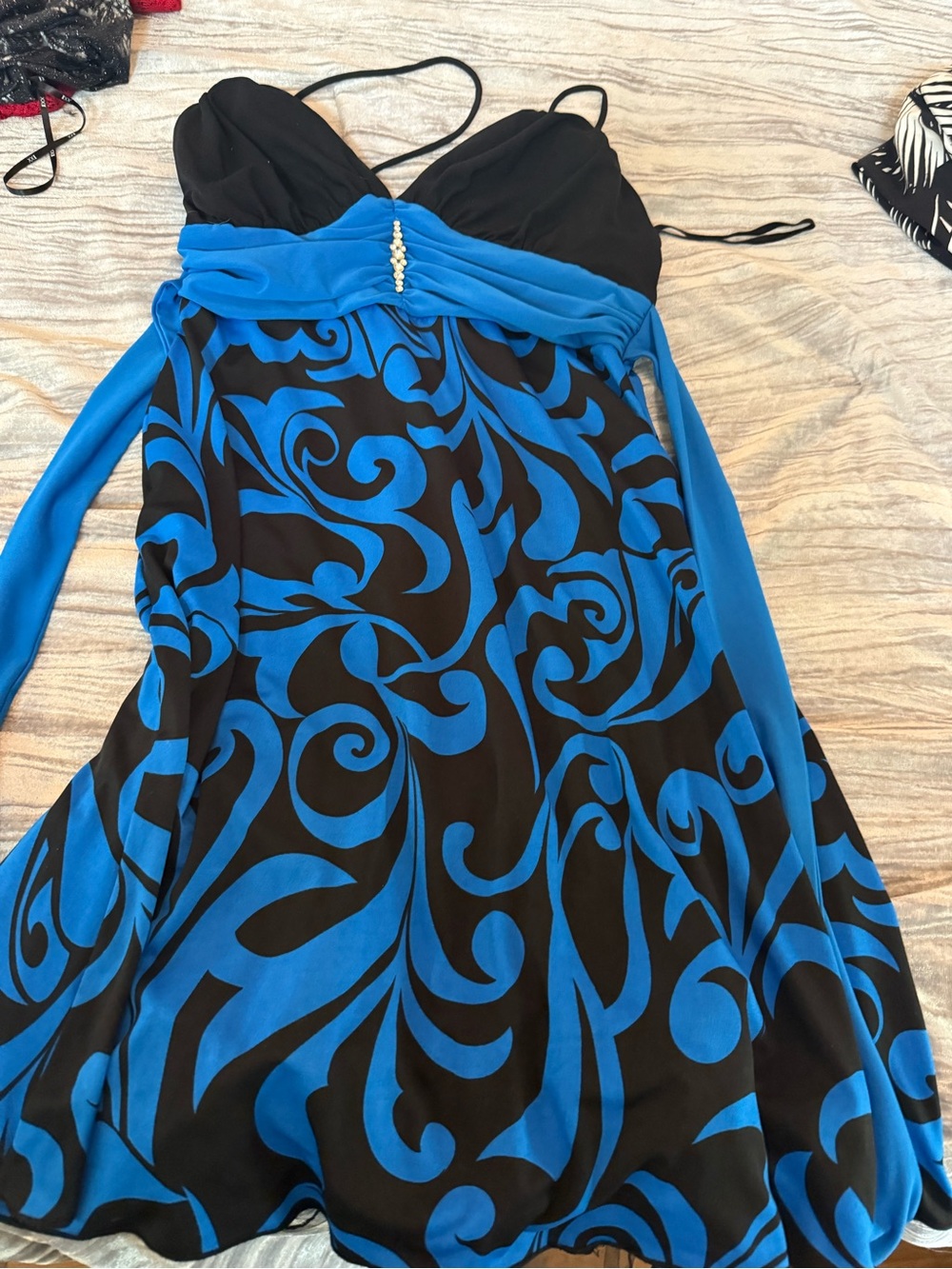 Black & Bright Blue Swirl Strapless Dress with Pearl Detail